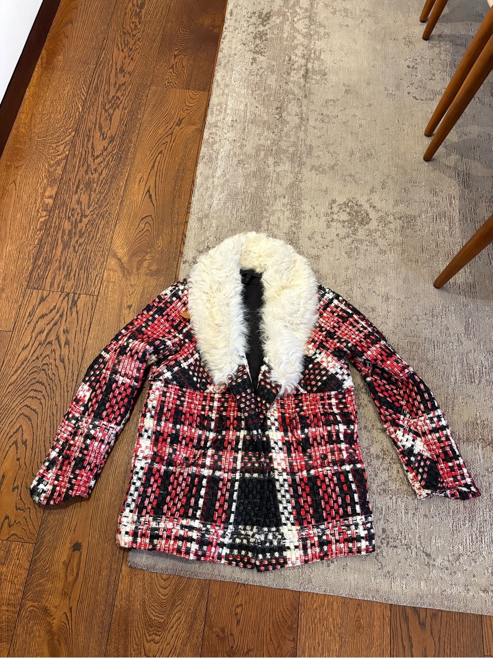 Women's Rag & Bone Plaid Bouclé Coat with Fur Collar